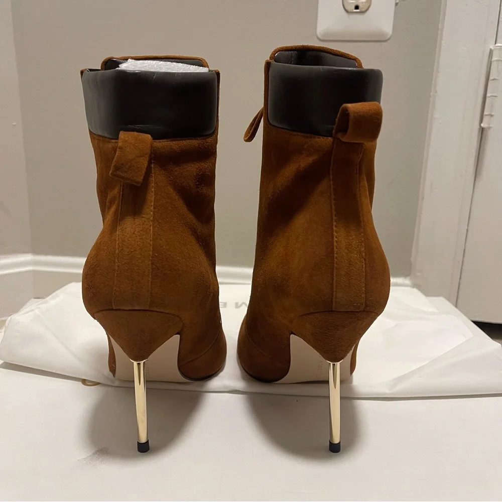 Good American Scandal Brown Suede Lace Up Gold Heel Point Toe Booties